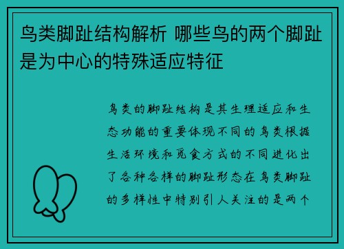 鸟类脚趾结构解析 哪些鸟的两个脚趾是为中心的特殊适应特征